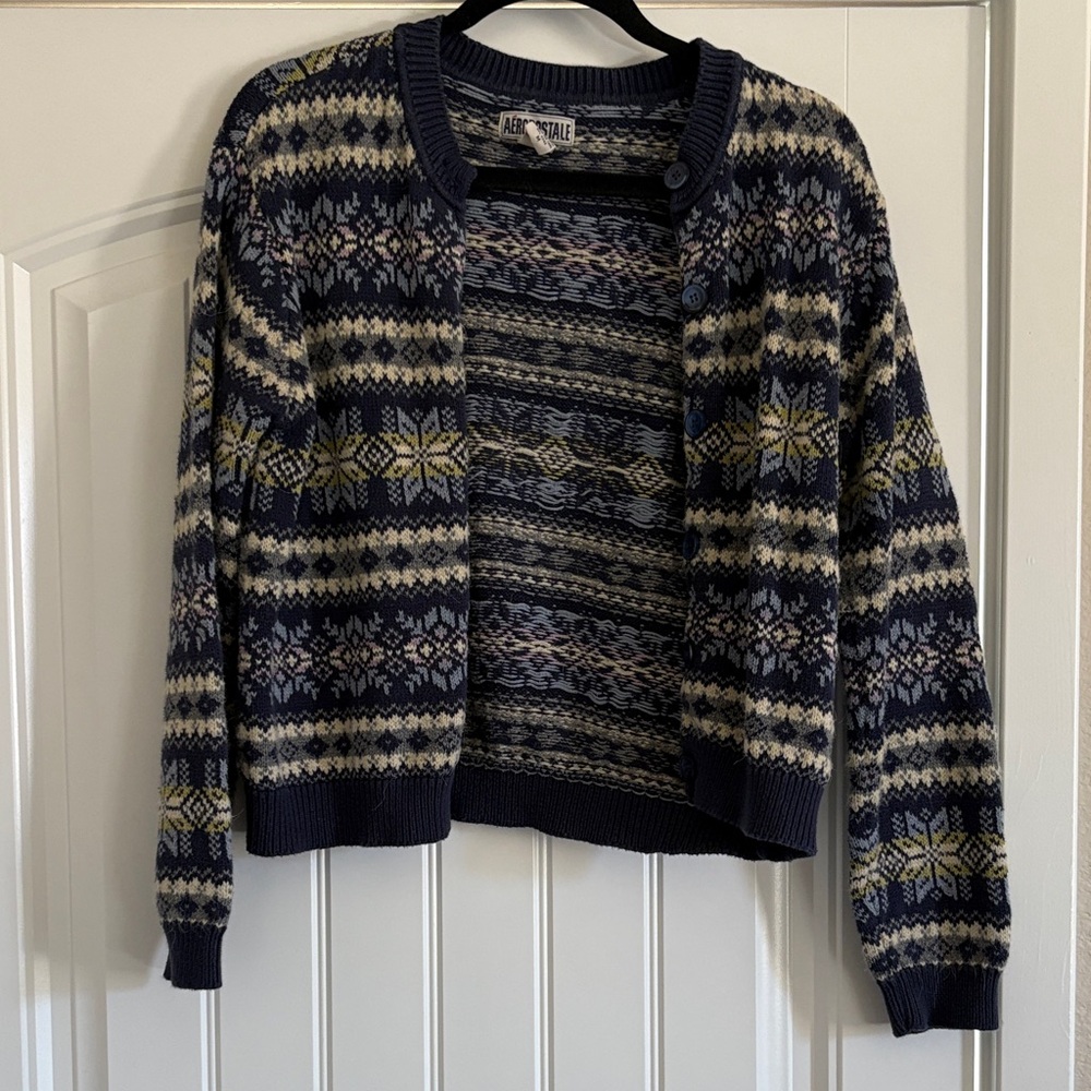 Aeropostale Navy and Cream Patterned Cardigan